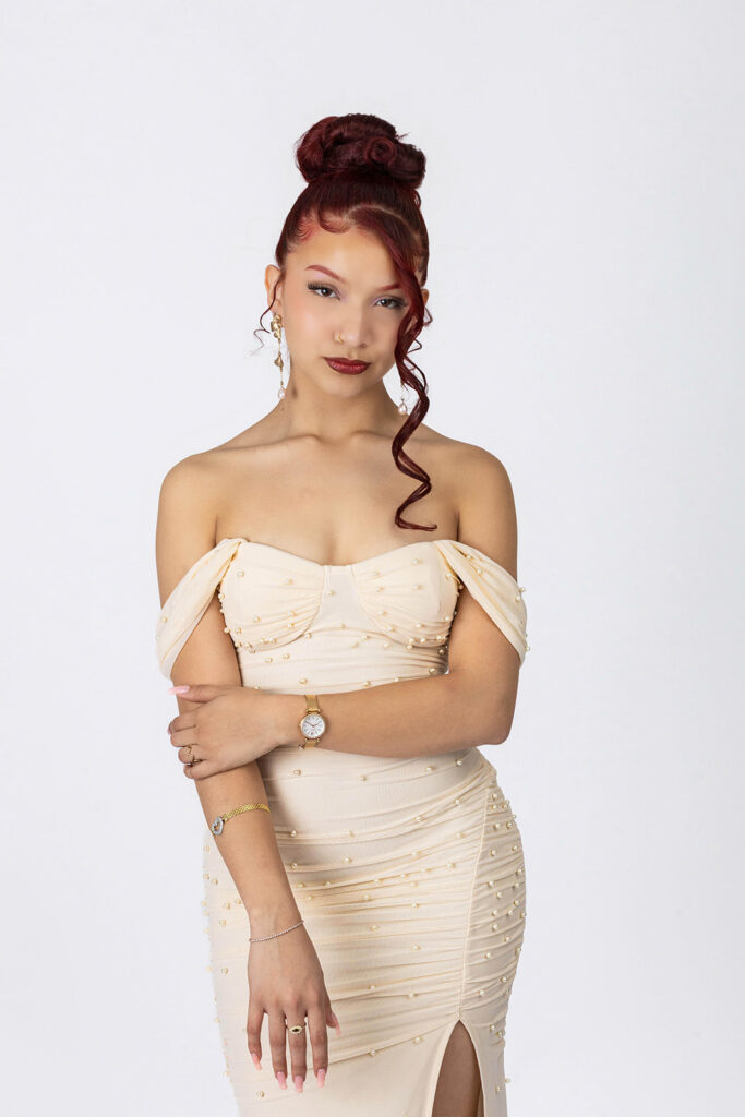 21st birthday studio portrait of Juliana celebrating in an Indianapolis photography studio with a glam, confident look