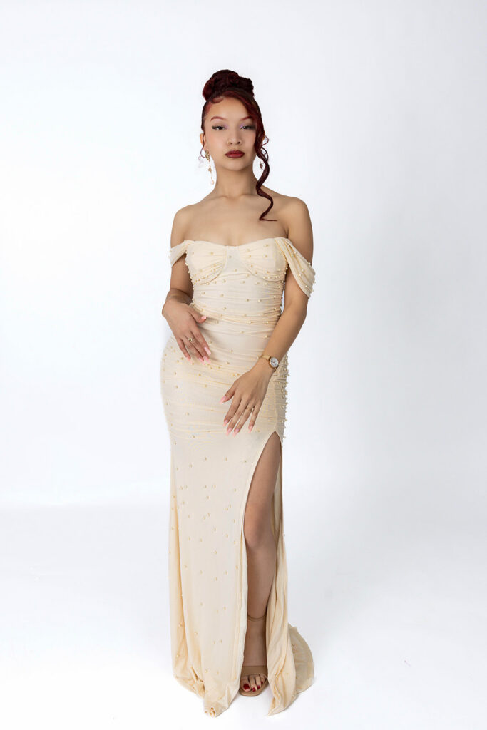 21st birthday studio portrait of Juliana celebrating in an Indianapolis photography studio with a glam, confident look