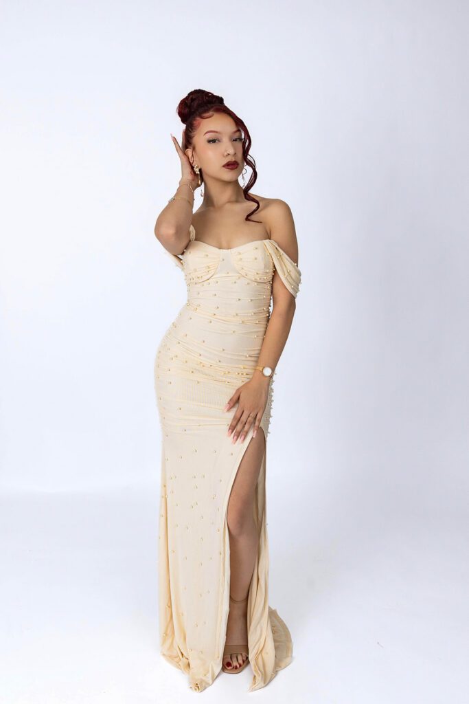 21st birthday studio portrait of Juliana celebrating in an Indianapolis photography studio with a glam, confident look