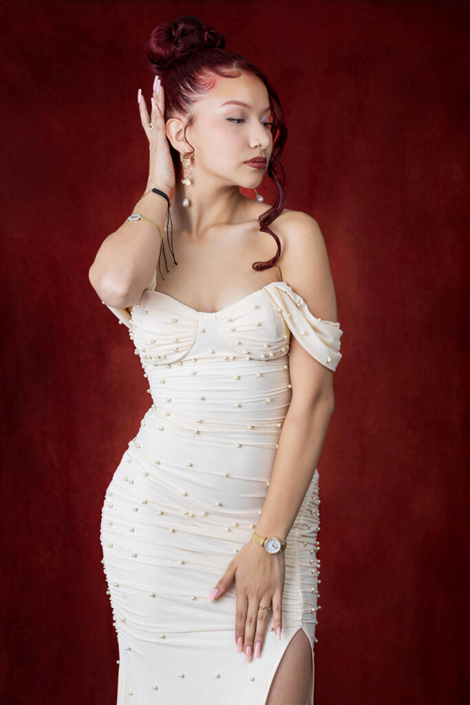 21st birthday studio portrait of Juliana celebrating in an Indianapolis photography studio with a glam, confident look