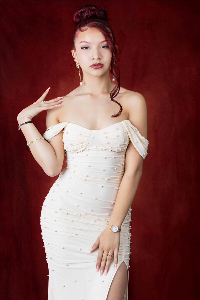 21st birthday studio portrait of Juliana celebrating in an Indianapolis photography studio with a glam, confident look